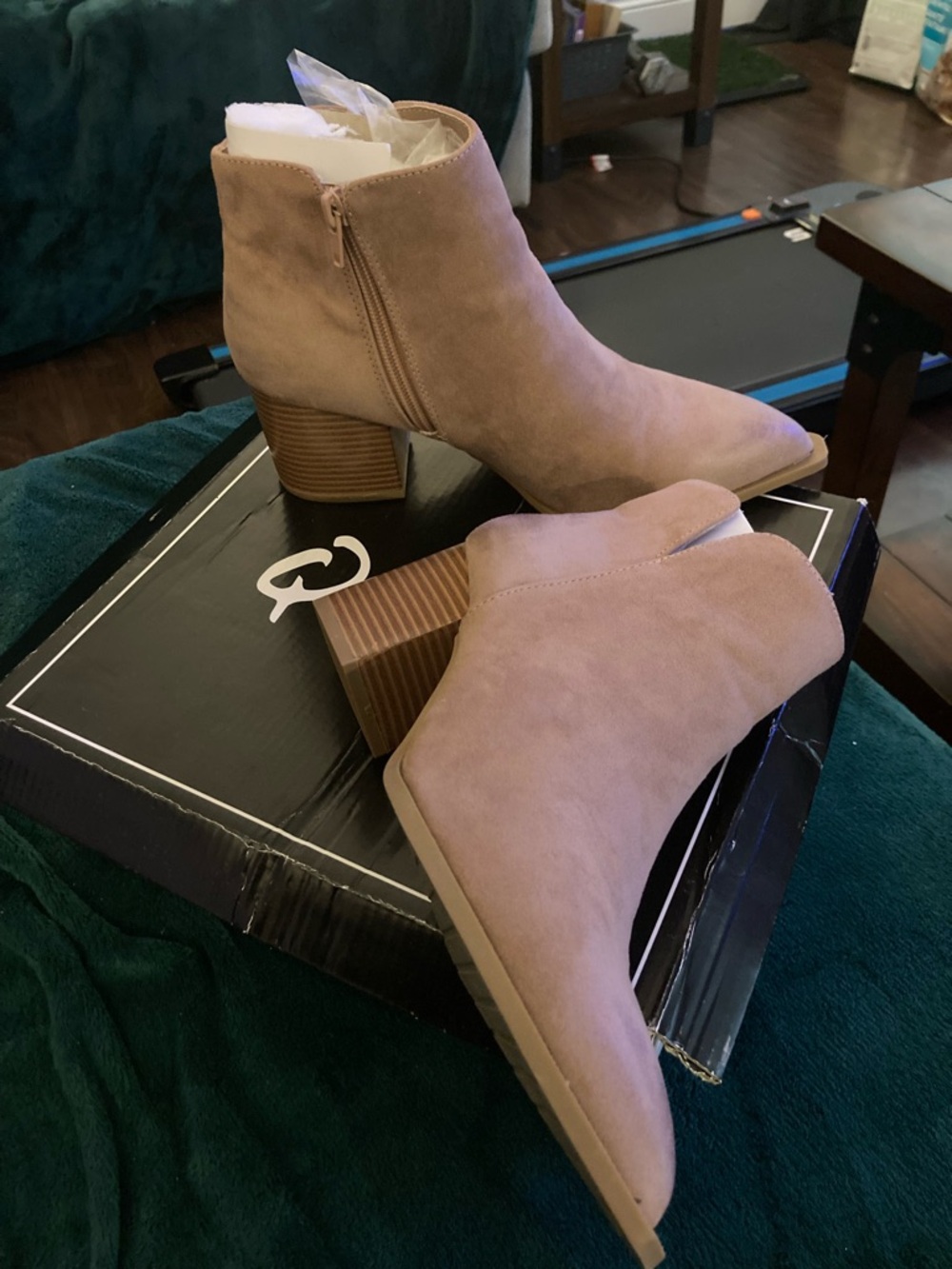 Qupid Blush Taupe Suede Ankle Booties with Stacked Heel